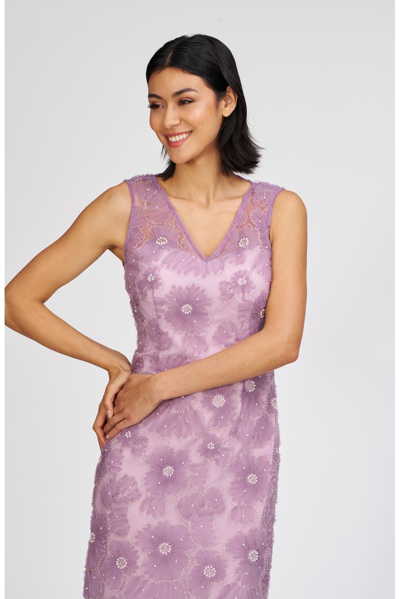 Beaded Floral Appliqué Cocktail Sheath Dress, Alternate, color, PALE LILAC
