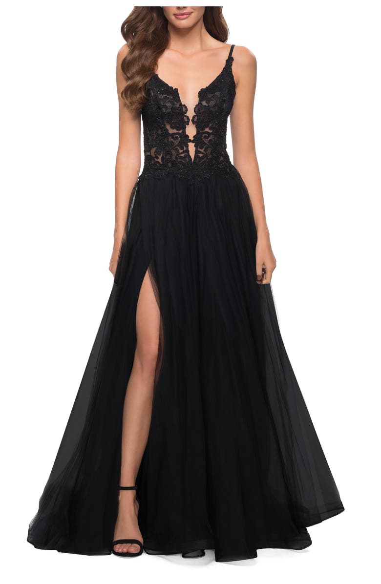 La Femme Tulle A Line Gown with Lace Rhinestone Bodice, Main, color, Black