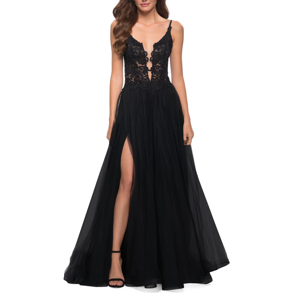 La Femme Floral Embroidered Illusion Plunge Tulle Ballgown In Black