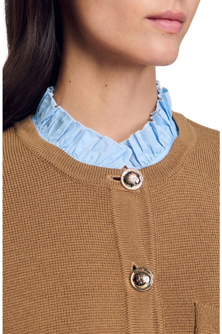 Ruffled neck cardigan, Alternate, color, Camel
