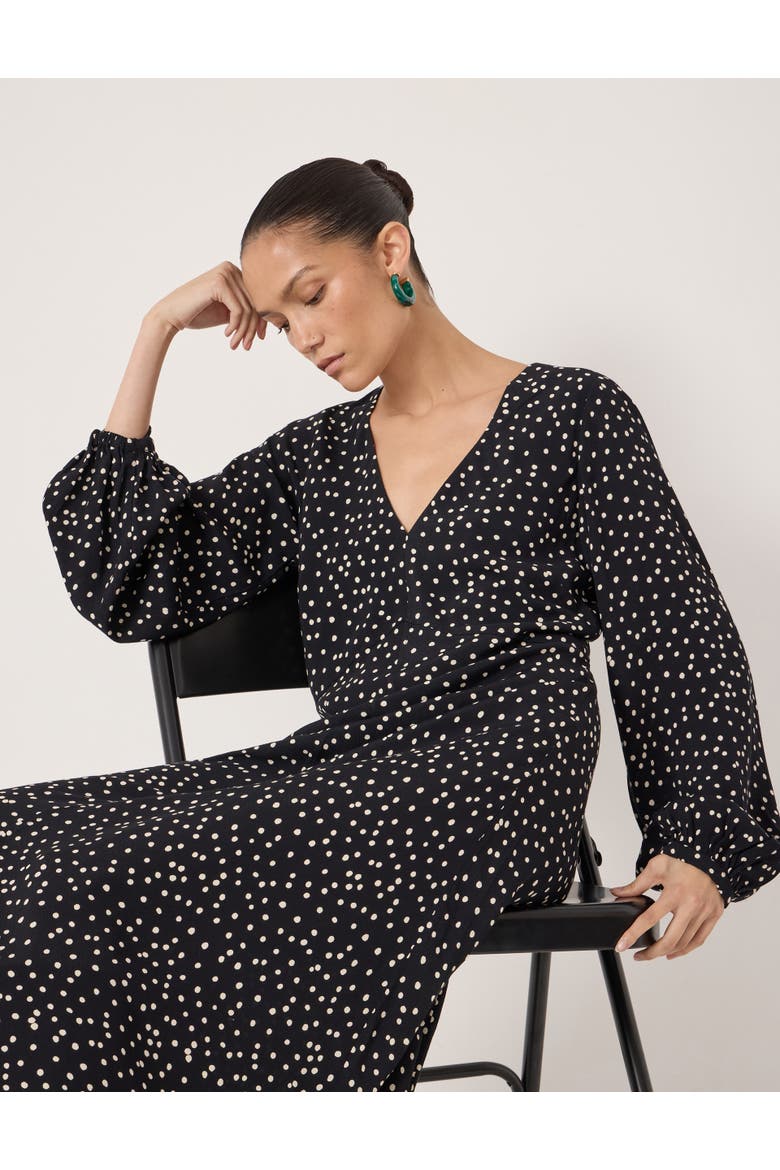 Grace V-Neck Long Sleeve Crepe Dress, Alternate, color, Tiny Polka Dot Black