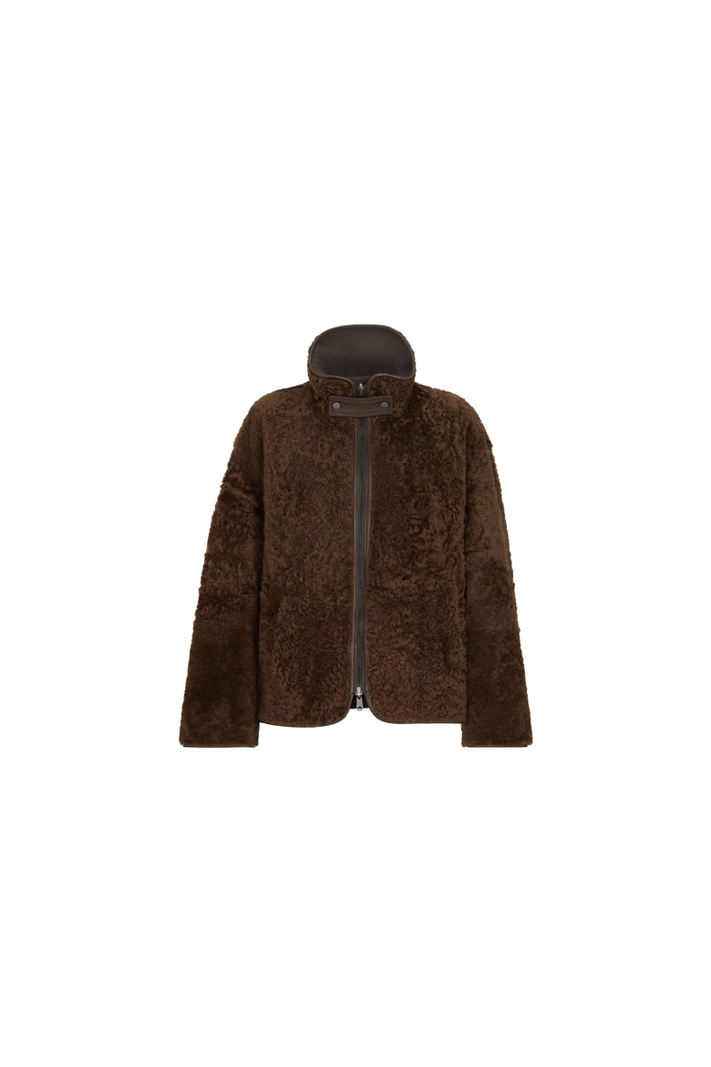 Fuzzy shearling reversible outerwear jacket with monili, Alternate, color, Brown