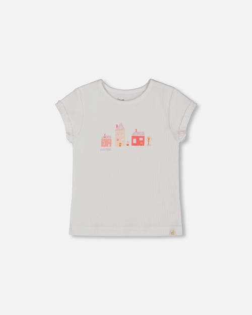 Deux Par Deux Girl's Flat Back Rib Top With Print White And Pink House In White And Pink House