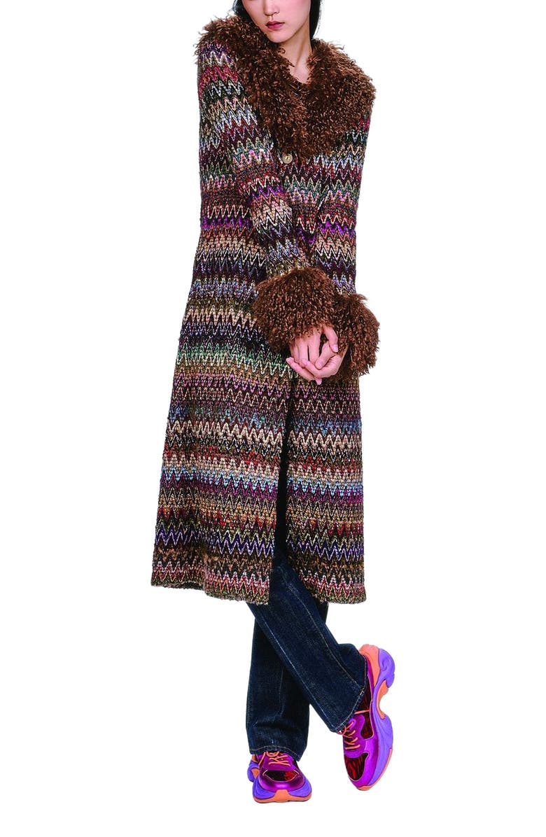 Anna Sui Bargello Faux Fur Trim Coat, Main, color, Multi