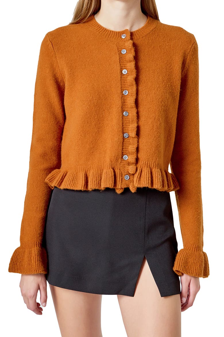 Ruffle Crop Cardigan, Alternate, color, BURNT ORANGE