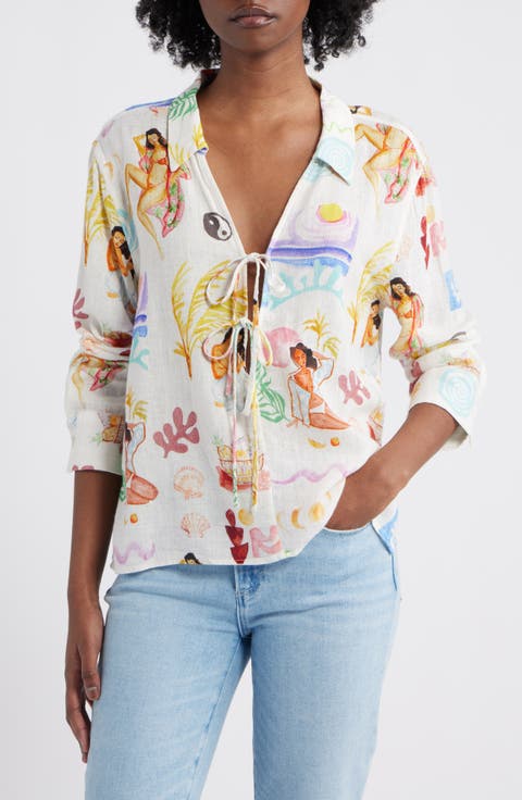 Elm Stripe Tie Front Linen Blend Top