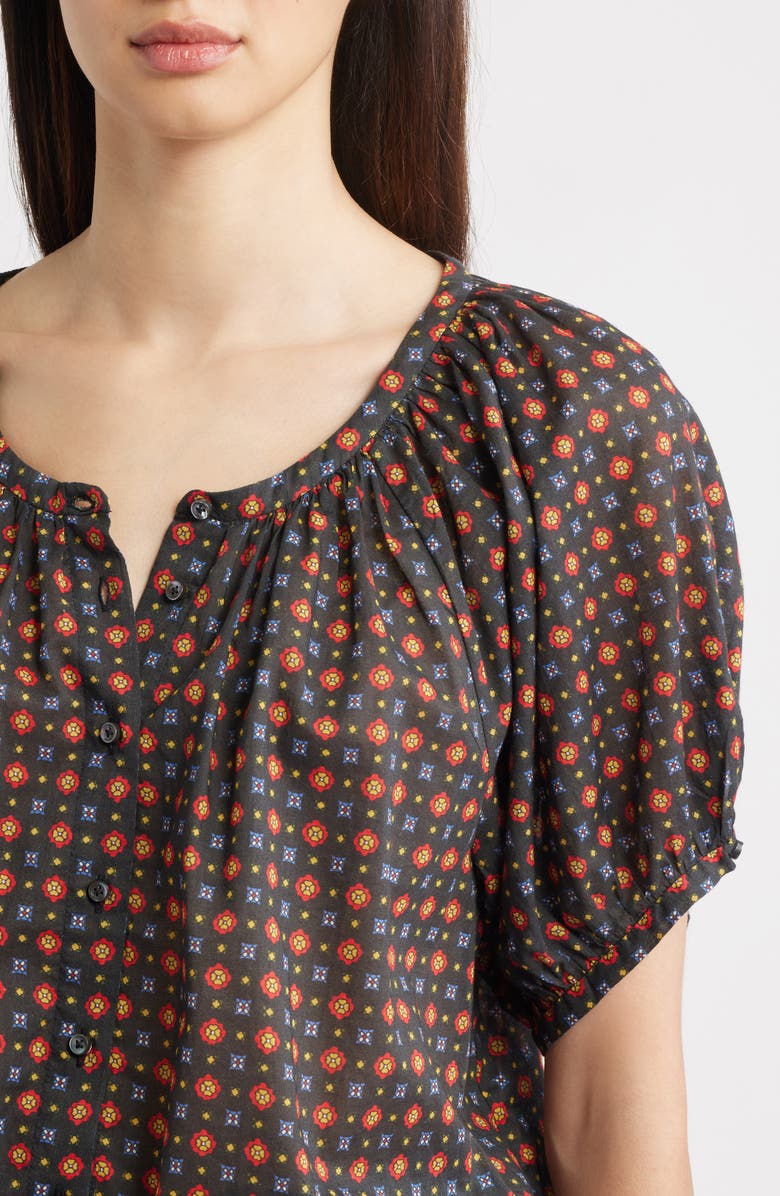 DÔEN June Puff Sleeve Organic Cotton Top, Alternate, color, Noir Montmartre Foulard