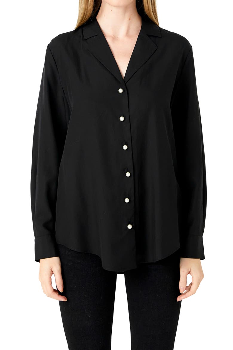 Notched Lapel Long Sleeve Button-Up Shirt, Alternate, color, BLACK