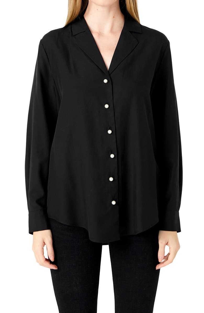 Endless Rose Notched Lapel Long Sleeve Button-Up Shirt, Alternate, color, Black