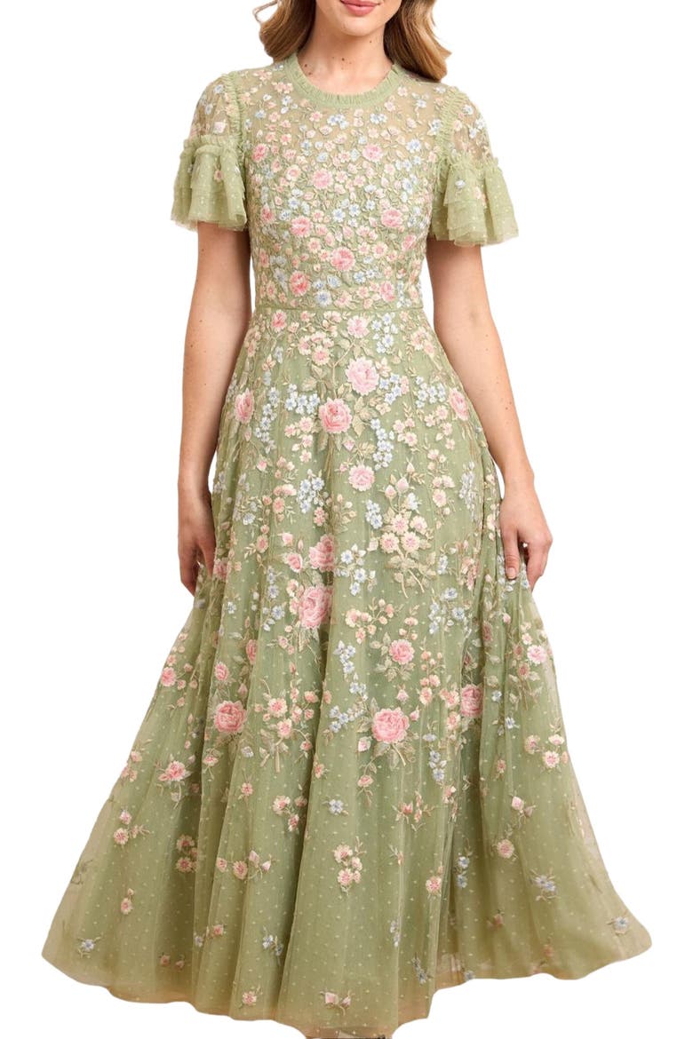 Antoinettes Floral Round Neck Midi Gown, Main, color, Meadow