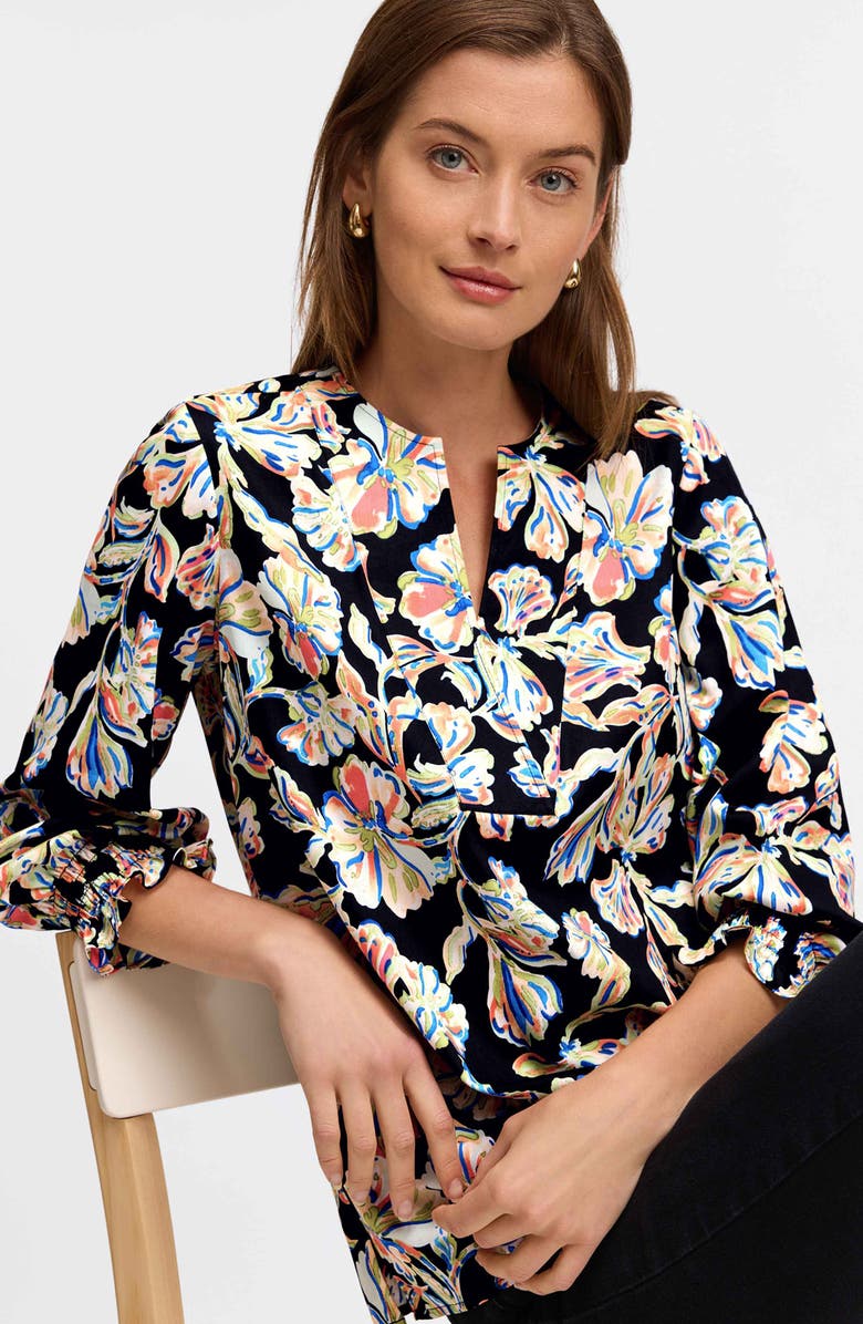 Foxcroft Alicia Floral Cotton Popover Top, Alternate, color, Black Multi