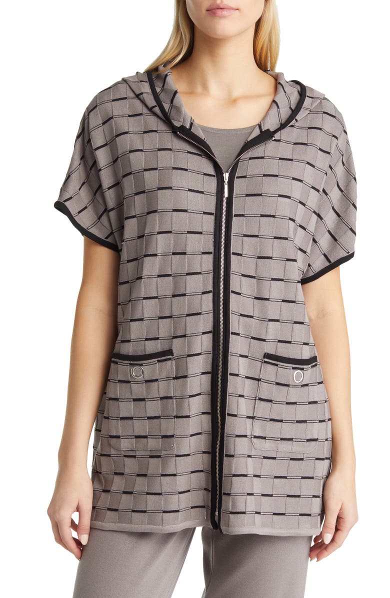 Ming Wang Basket Weave Zip Short Sleeve Hooded Jacket, Alternate, color, 