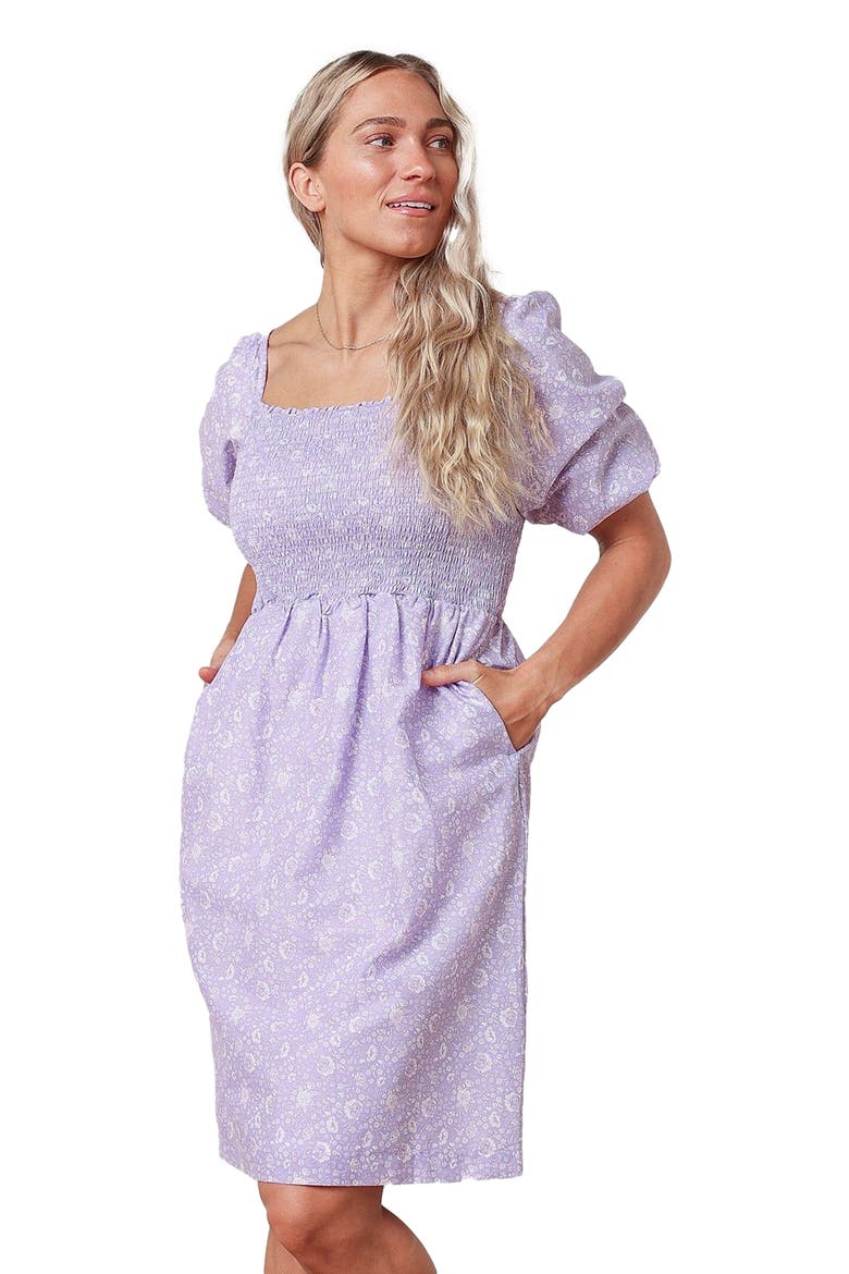 Women's Organic Smocked Bubble Sleeve Dress, Main, color, Lavender Field Floral