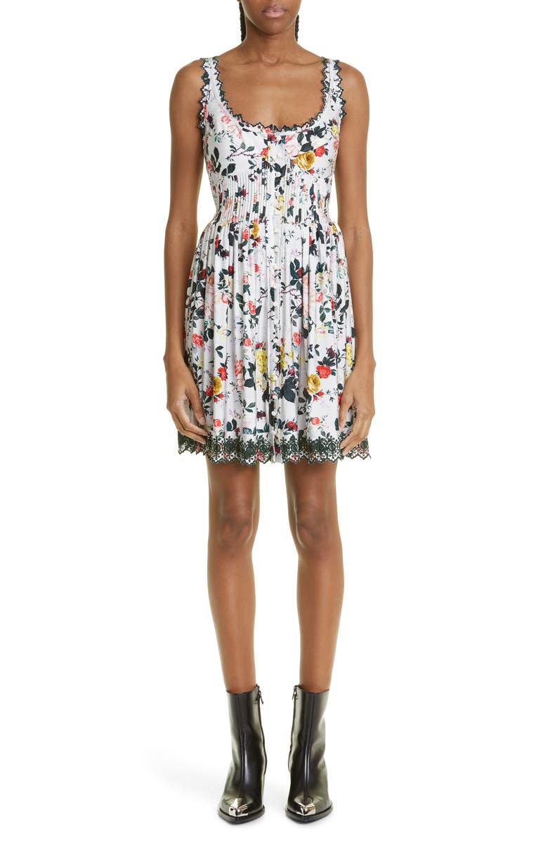 Rabanne Rose Print Eyelet Trim Minidress, Main, color,