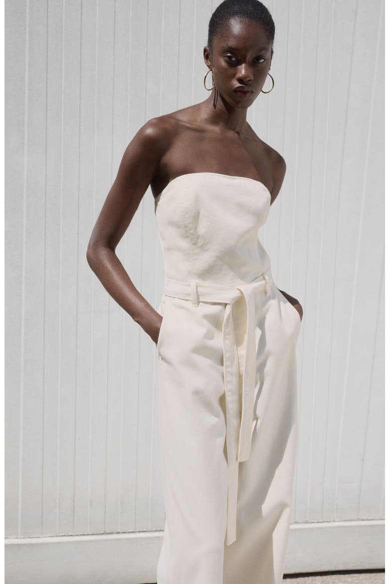 Tie Belt Strapless Denim Jumpsuit, Alternate, color, WHITE