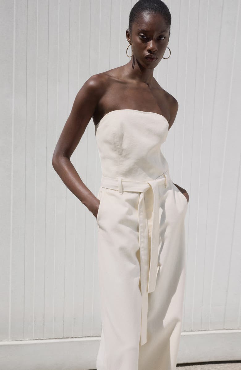 MANGO Tie Belt Strapless Denim Jumpsuit, Alternate, color, White