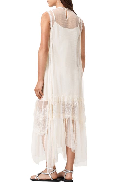 Allsaints Clara Sheer Lace Sleeveless Handkerchief Hem Dress In White