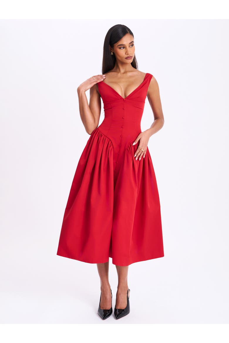 Nahla Drop Waist Midi Dress with Buttons, Alternate, color, Red