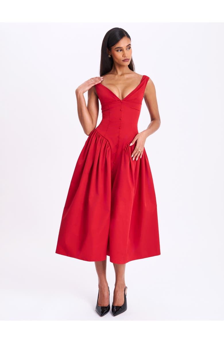 Miss Circle Nahla Drop Waist Midi Dress with Buttons, Alternate, color, Red