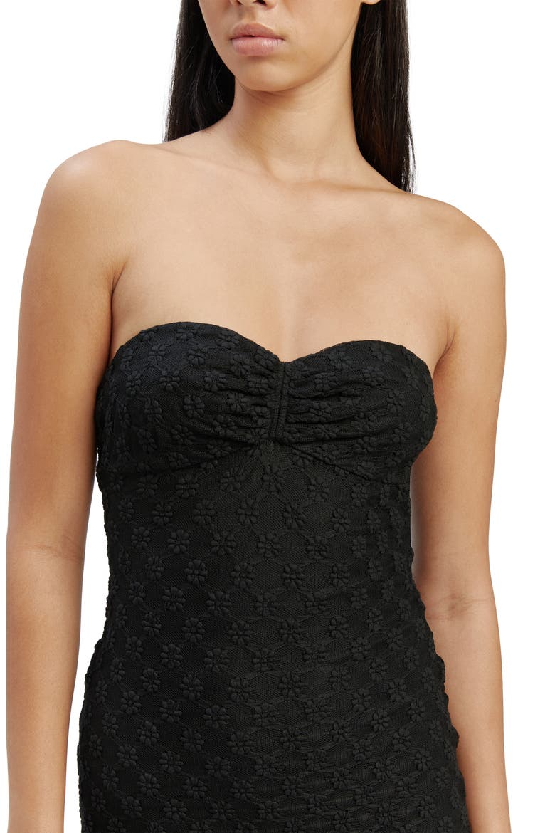 Adoni Floral Embroidered Mesh Strapless Midi Dress, Alternate, color, BLACK