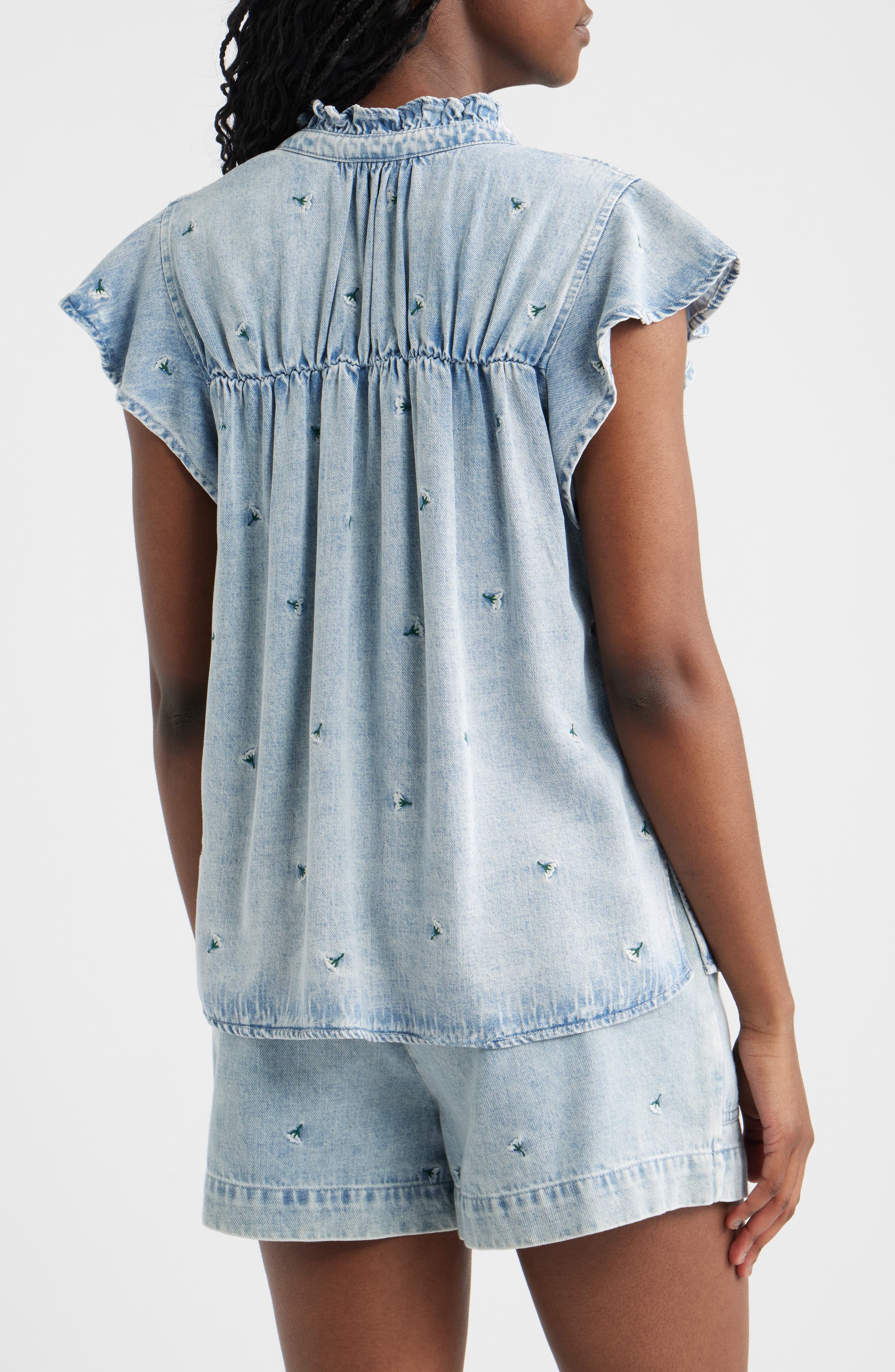 Ruthie Floral Embroidered Ruffle Cap Sleeve Button-Up Top - image 2