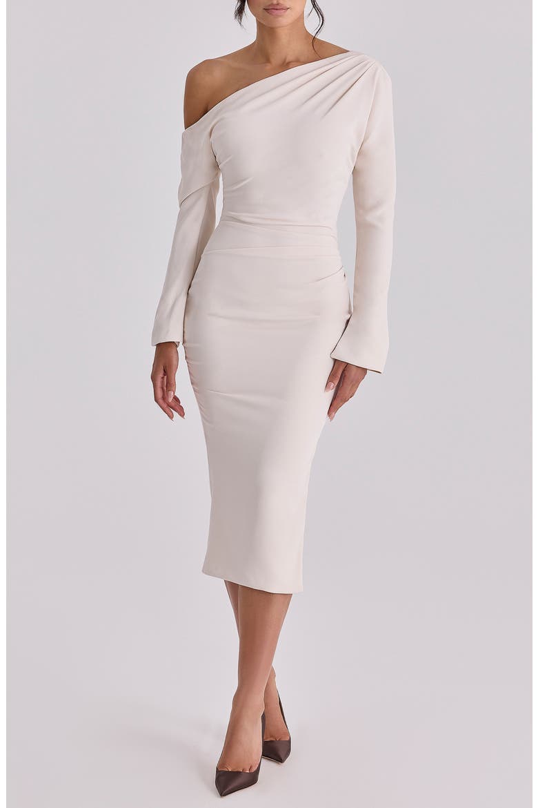 Arista Pleated One-Shoulder Long Sleeve Cocktail Dress, Main, color, VINTAGE IVORY