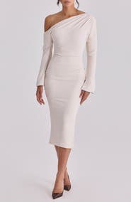 HOUSE OF CB Arista Pleated One-Shoulder Long Sleeve Cocktail Dress