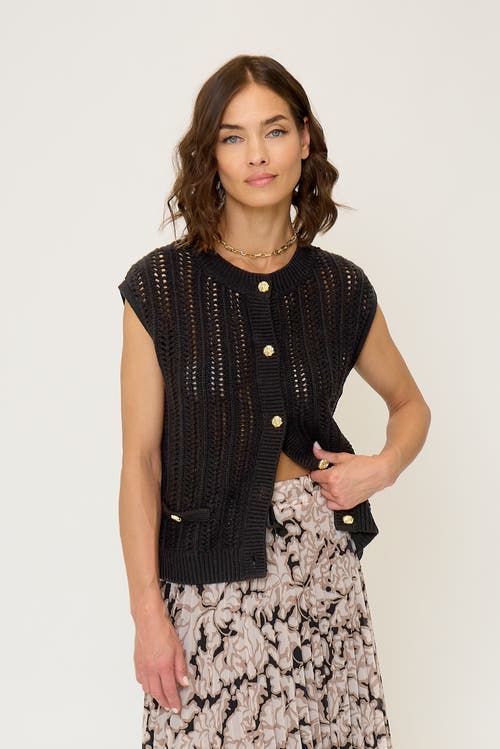 Central Park West Rose Sleeveless Open Stitch Cardigan In Black