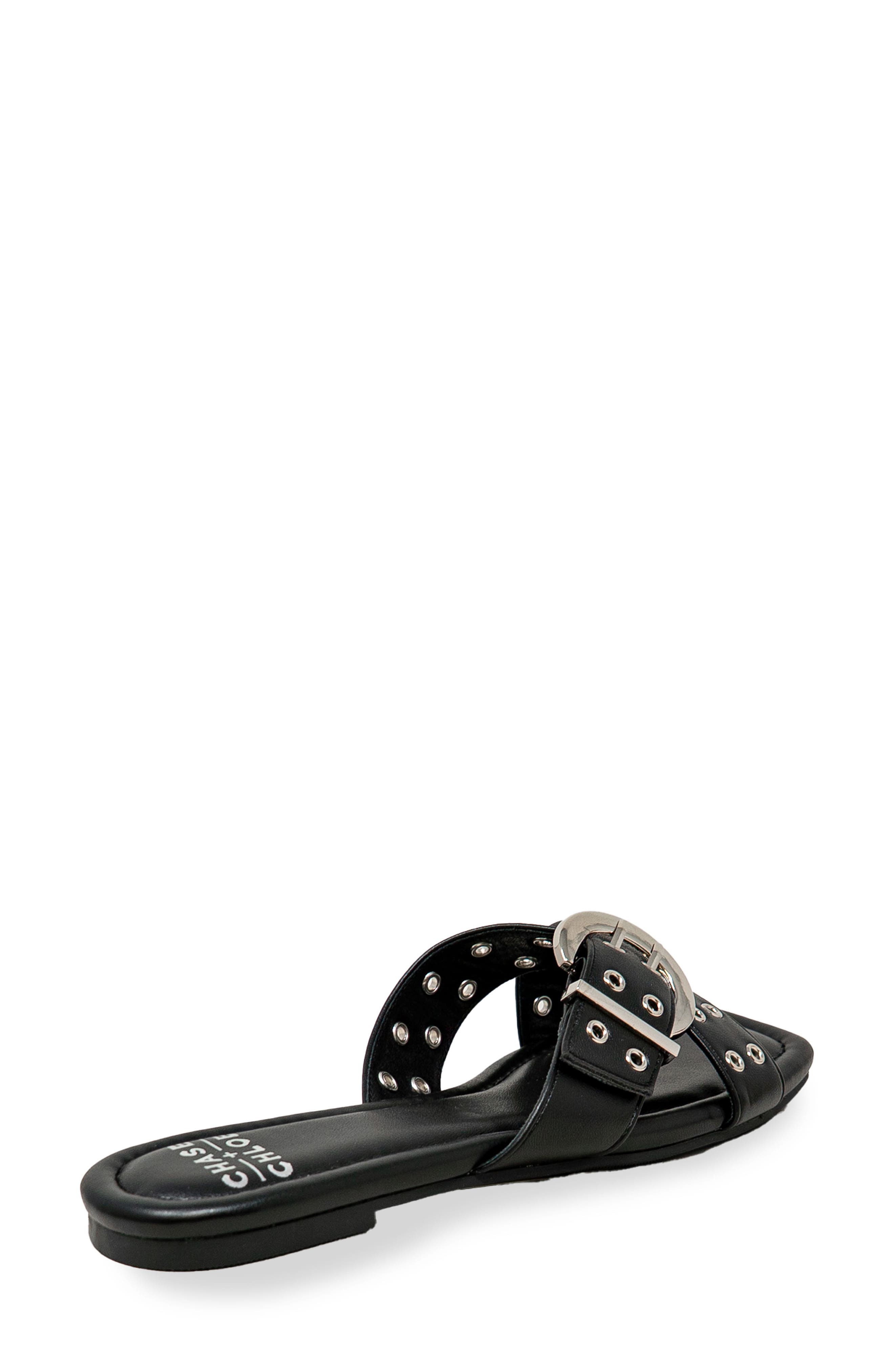 Grommet Cross Strap Slide Sandal, Alternate, color, BLACK PU