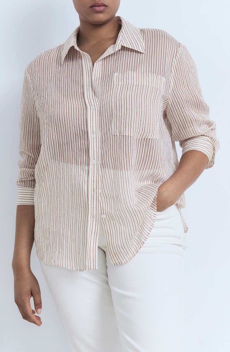 MANGO Stripe Sheer Long-Sleeve Button-Up Shirt, Main, color, Brown