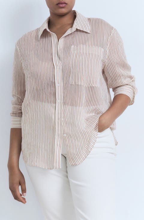 Stripe Sheer Long-Sleeve Button-Up Shirt (Regular & Plus)