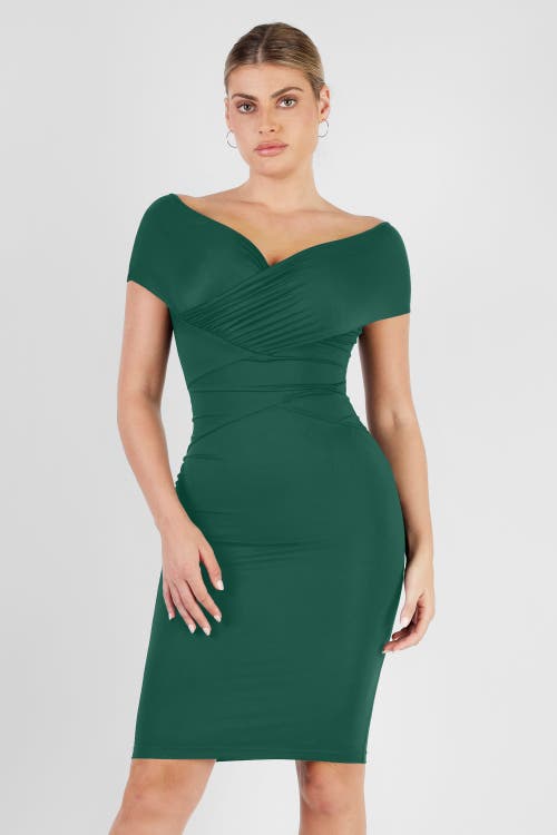 Popilush Shapewear Ruched Off-shoulder Sculpting Midi Dress In Bottle Green