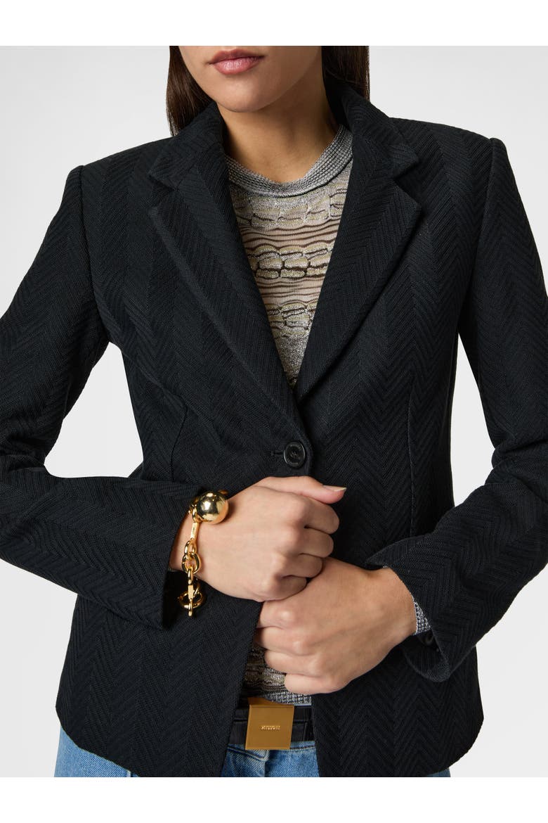 Single-breasted Blazer In Cotton And Viscose Tone-on-tone Zig Zag, Alternate, color, Black