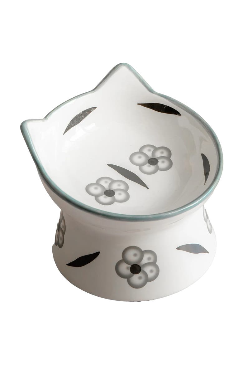 Elevated Ceramic Cat Bowl, Floral White & Black, 7oz, Pet Feeding Dish, Main, color, Multicolored
