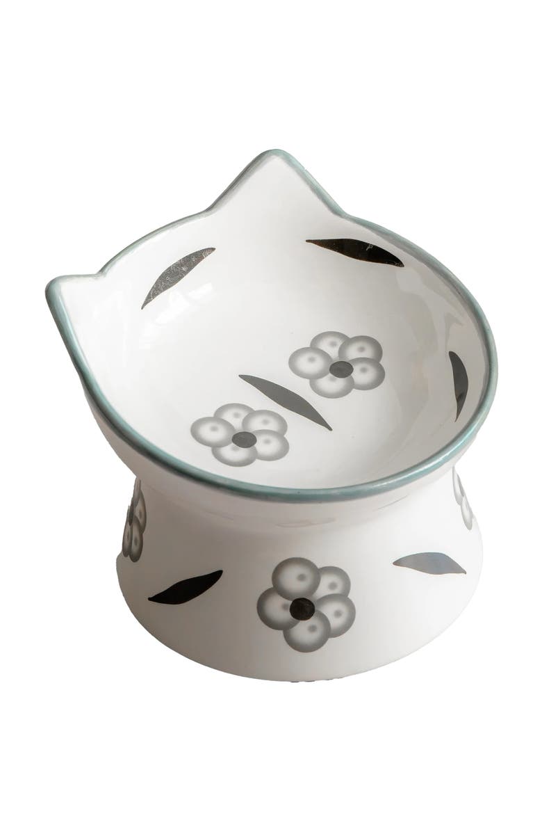 Dexypaws Elevated Ceramic Cat Bowl, Floral White & Black, 7oz, Pet Feeding Dish, Main, color, Multicolored