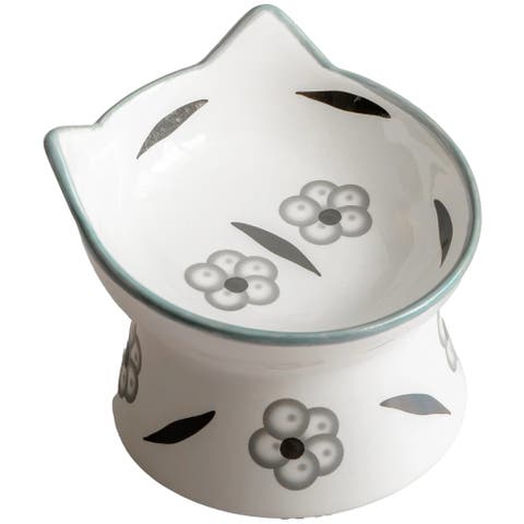 Elevated Ceramic Cat Bowl, Floral White & Black, 7oz, Pet Feeding Dish