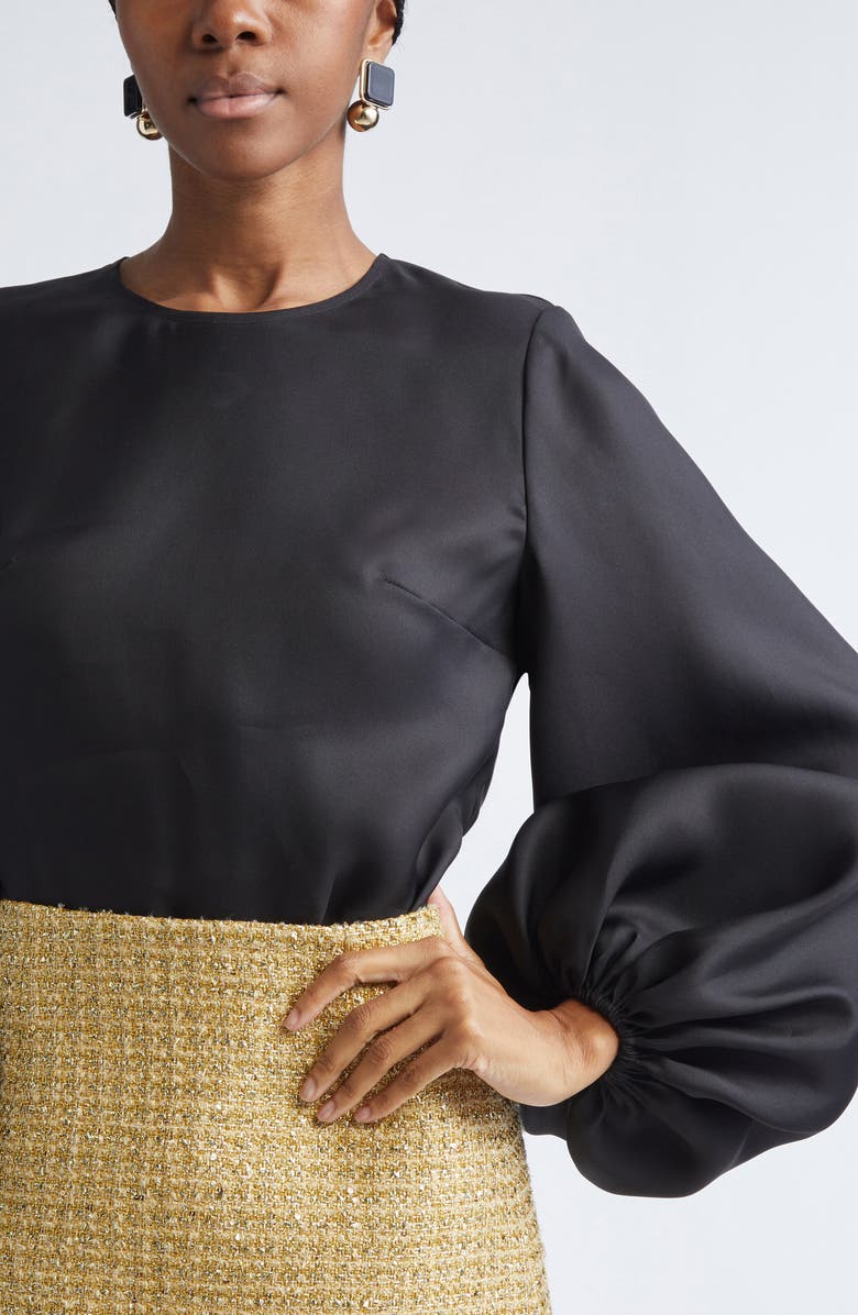 Carolina Herrera Puff Sleeve Silk Gazar Top, Alternate, color, Black