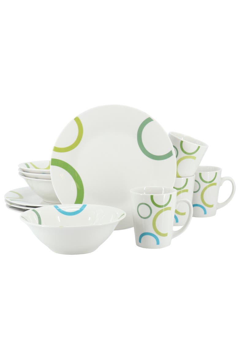 Green Loops 12 Piece Round Fine Ceramic Dinnerware Set, Main, color, White