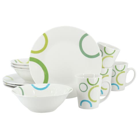 Green Loops 12 Piece Round Fine Ceramic Dinnerware Set