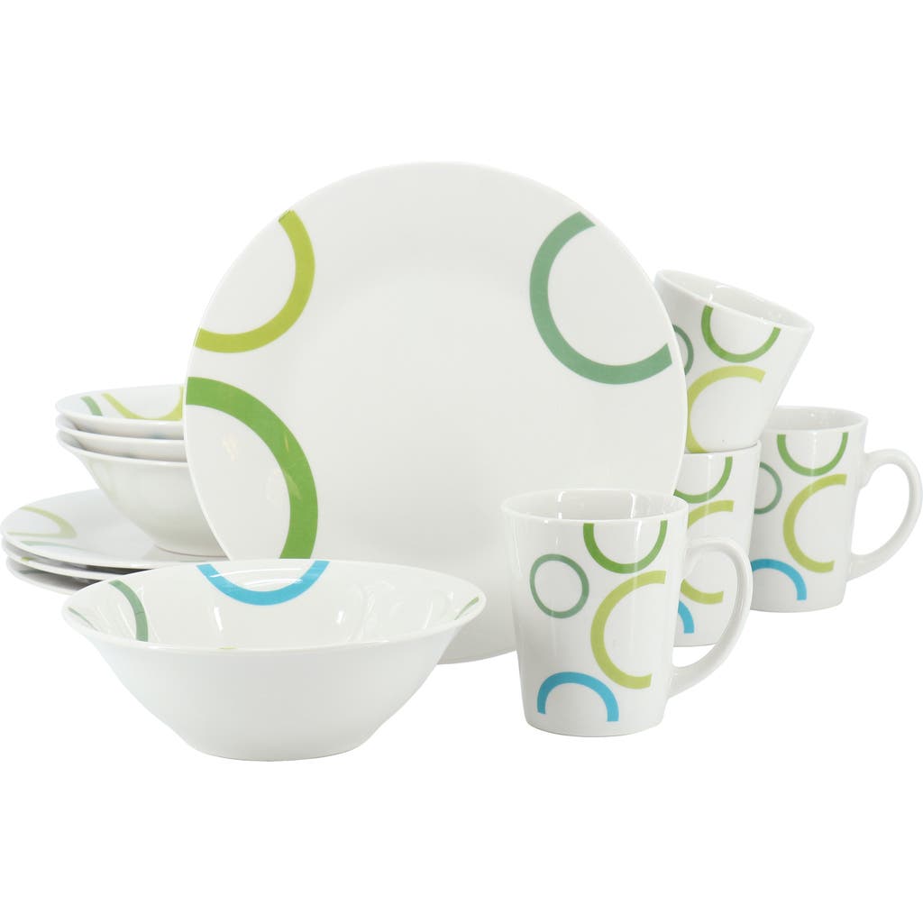 Gibson Home Green Loops 12 Piece Round Fine Ceramic Dinnerware Set In White