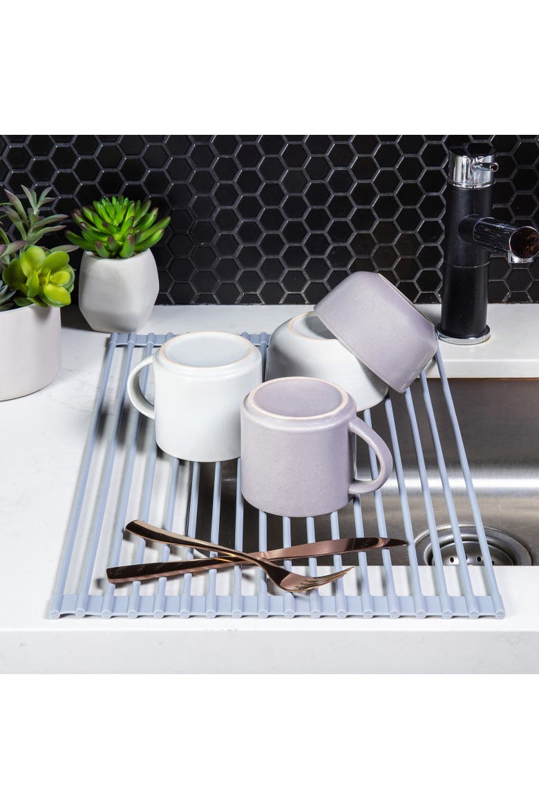 Over the Sink Roll Up Drying Rack, Silicone and Stainless Steel, Alternate, color, Gray