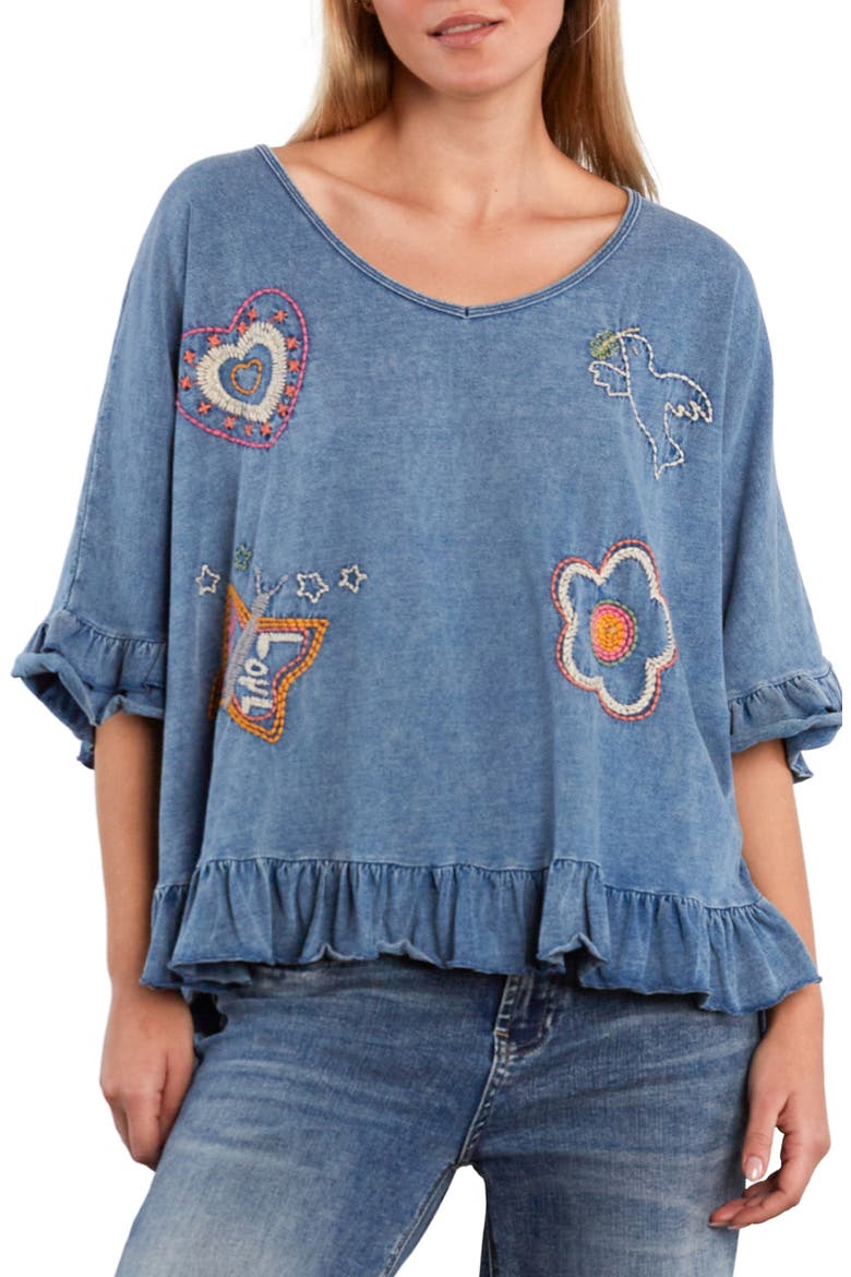 Worry Free Embroidered Ruffle Cotton Top, Main, color, DENIM KNIT