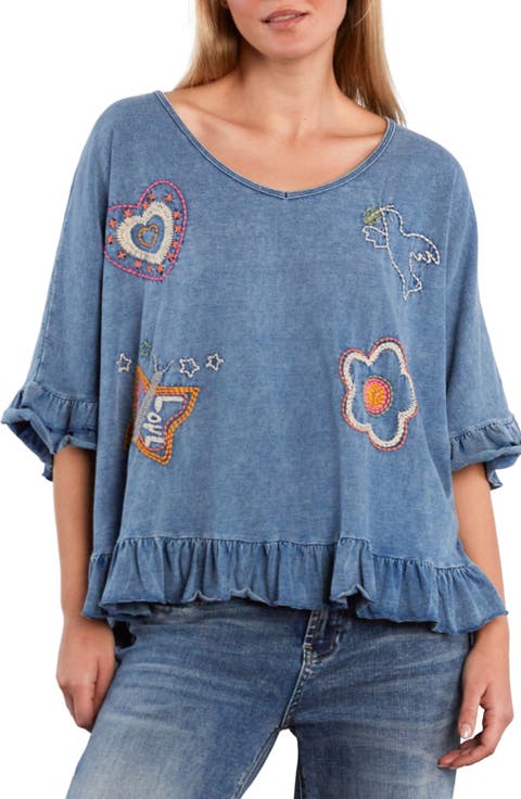 Worry Free Embroidered Ruffle Cotton Top
