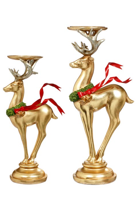 Holiday Deer on Pedestal Candle Holder, Set of 2