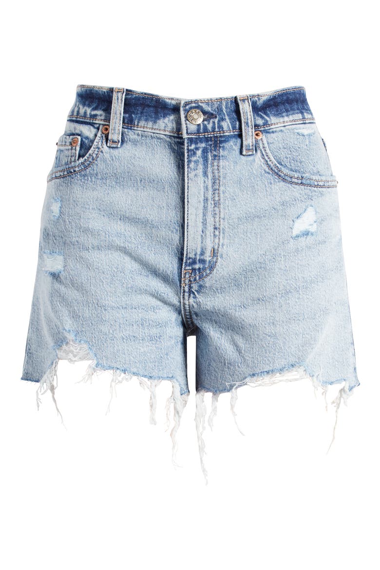 Troublemaker Distressed High Waist Denim Shorts, Alternate, color, JUST KISSED