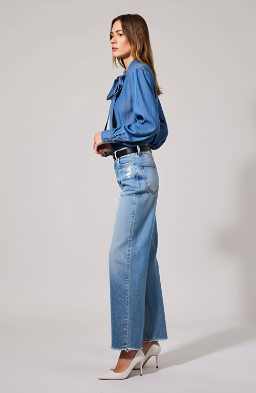 Modenaire Blouse With Tie Neck And Hidden Buttons In Blue