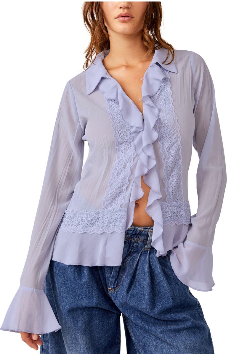 Free People Bad at Love Ruffle Button-Up Shirt, Main, color, Chambray Sky