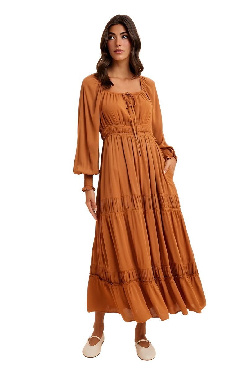 Knit and Lounge Tiered Smocked Waist Long Sleeve Maxi Dress, Alternate, color, 