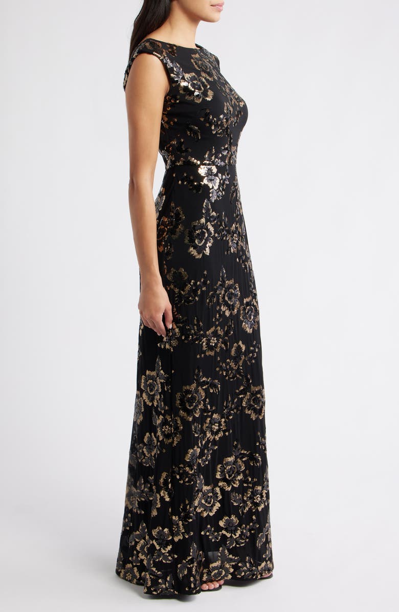 Eliza J Sequin Cap Sleeve Mermaid Gown, Alternate, color, Black Gold