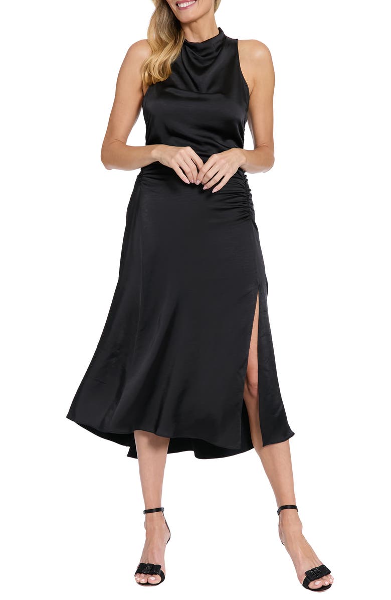 London Times Mock Neck Ruched Asymmetric Midi Dress, Main, color, Black